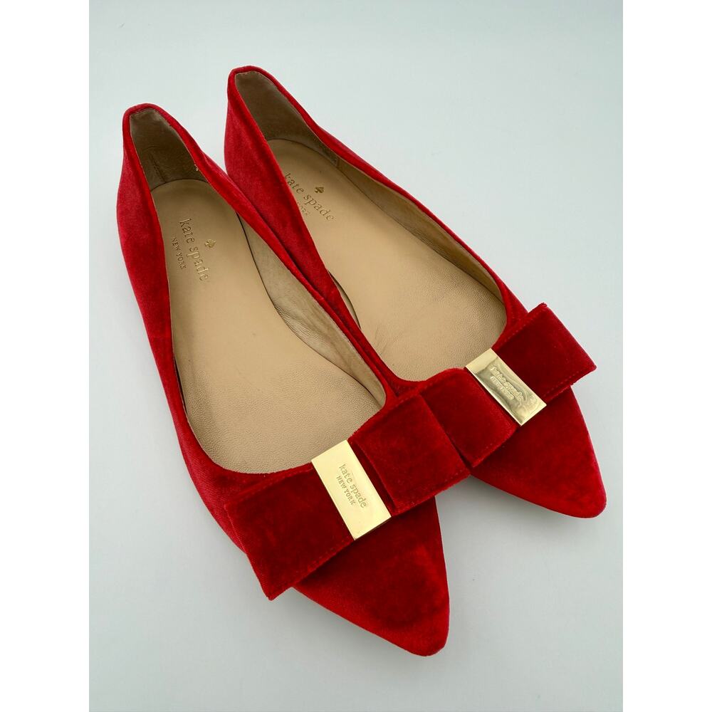 Kate Spade Emmie Red Velvet Flats Size 7 Medium Bow Point Toe - Picture 3 of 14